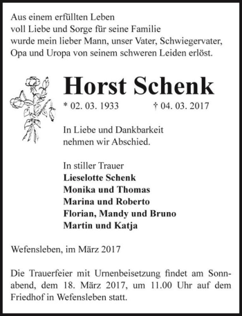 Traueranzeige von Horst Schenk  von Magdeburger Volksstimme