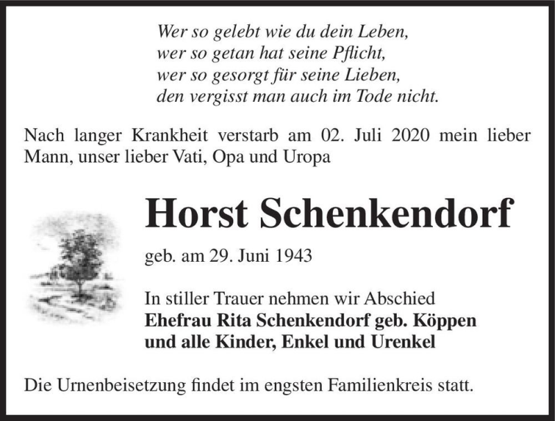  Traueranzeige für Horst Schenkendorf  vom 24.07.2020 aus Magdeburger Volksstimme
