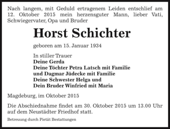 Traueranzeige von Horst Schichter  von Magdeburger Volksstimme
