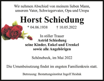 Traueranzeige von Horst Schiedung  von Magdeburger Volksstimme