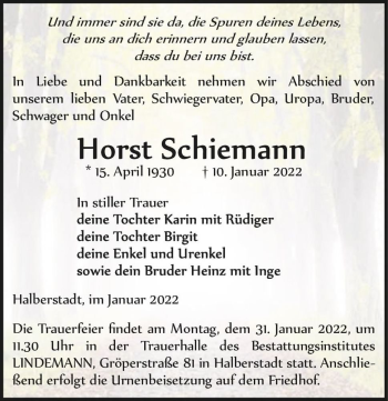 Traueranzeige von Horst Schiemann  von Magdeburger Volksstimme
