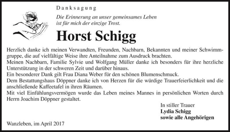  Traueranzeige für Horst Schigg  vom 29.04.2017 aus Magdeburger Volksstimme