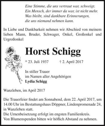 Traueranzeige von Horst Schigg  von Magdeburger Volksstimme
