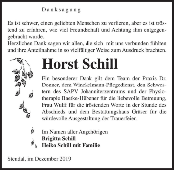 Traueranzeige von Horst Schill  von Magdeburger Volksstimme