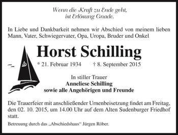 Traueranzeige von Horst Schilling  von Magdeburger Volksstimme