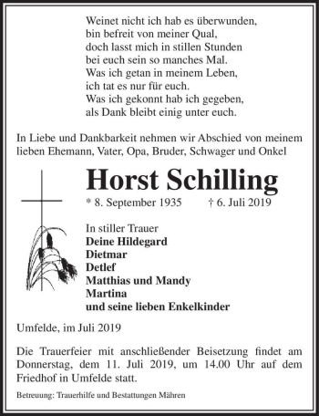 Traueranzeige von Horst Schilling  von Magdeburger Volksstimme