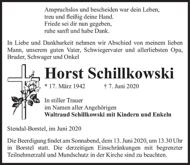  Traueranzeige für Horst Schillkowski  vom 10.06.2020 aus Magdeburger Volksstimme