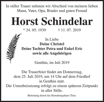 Traueranzeige von Horst Schindelar  von Magdeburger Volksstimme