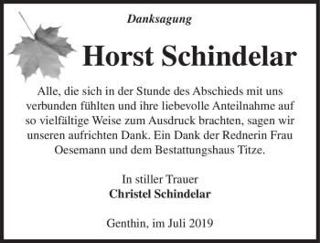 Traueranzeige von Horst Schindelar  von Magdeburger Volksstimme