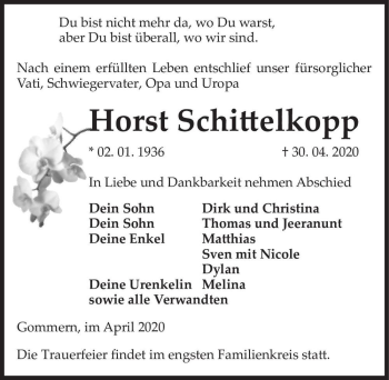 Traueranzeige von Horst Schittelkopp  von Magdeburger Volksstimme