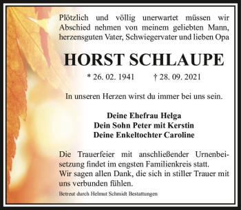 Traueranzeige von Horst Schlaupe  von Magdeburger Volksstimme