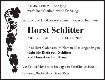 Traueranzeige von Horst Schlitter  von Magdeburger Volksstimme