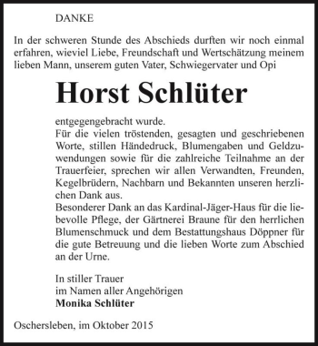 Traueranzeige von Horst Schlüter  von Magdeburger Volksstimme