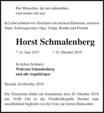 Traueranzeige von Horst Schmalenberg  von Magdeburger Volksstimme
