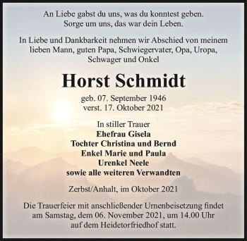 Traueranzeige von Horst Schmidt  von Magdeburger Volksstimme
