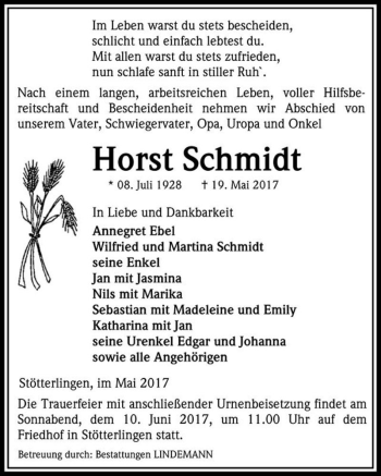 Traueranzeige von Horst Schmidt  von Magdeburger Volksstimme