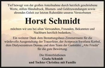 Traueranzeige von Horst Schmidt  von Magdeburger Volksstimme