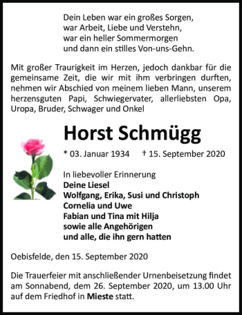 Traueranzeige von Horst Schmügg  von Magdeburger Volksstimme