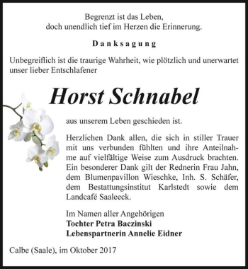 Traueranzeige von Horst Schnabel  von Magdeburger Volksstimme