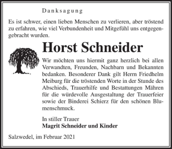 Traueranzeige von Horst Schneider  von Magdeburger Volksstimme