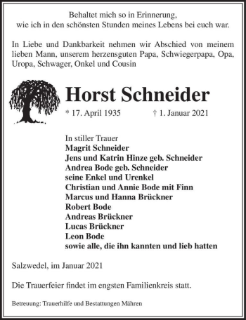 Traueranzeige von Horst Schneider  von Magdeburger Volksstimme