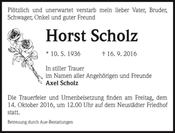 Traueranzeige von Horst Scholz  von Magdeburger Volksstimme