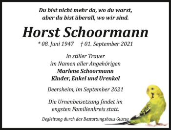 Traueranzeige von Horst Schoormann  von Magdeburger Volksstimme