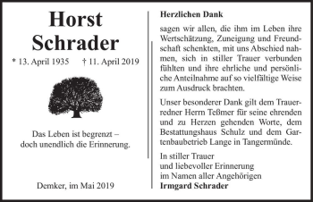 Traueranzeige von Horst Schrader  von Magdeburger Volksstimme