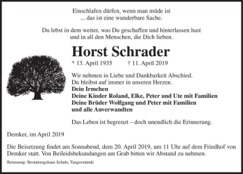 Traueranzeige von Horst Schrader  von Magdeburger Volksstimme