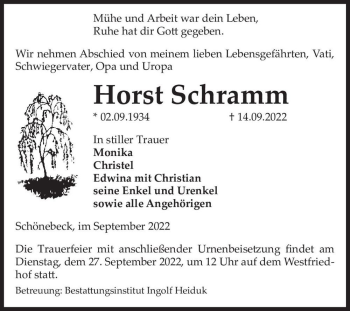 Traueranzeige von Horst Schramm  von Magdeburger Volksstimme