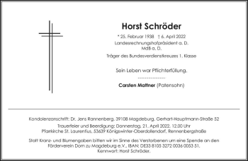 Traueranzeige von Horst Schröder  von Magdeburger Volksstimme