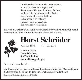 Traueranzeige von Horst Schröder  von Magdeburger Volksstimme