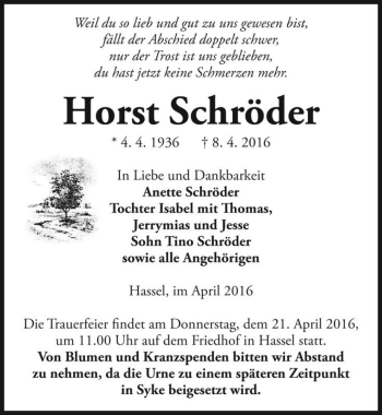 Traueranzeige von Horst Schröder  von Magdeburger Volksstimme