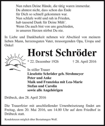 Traueranzeige von Horst Schröder  von Magdeburger Volksstimme