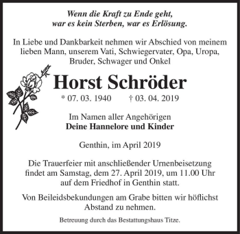 Traueranzeige von Horst Schröder  von Magdeburger Volksstimme