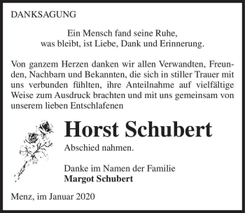 Traueranzeige von Horst Schubert  von Magdeburger Volksstimme