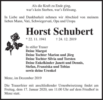 Traueranzeige von Horst Schubert  von Magdeburger Volksstimme