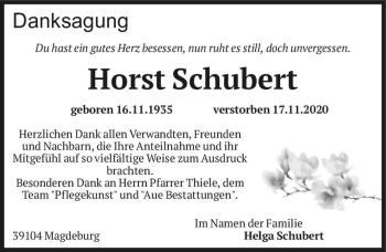 Traueranzeige von Horst Schubert  von Magdeburger Volksstimme