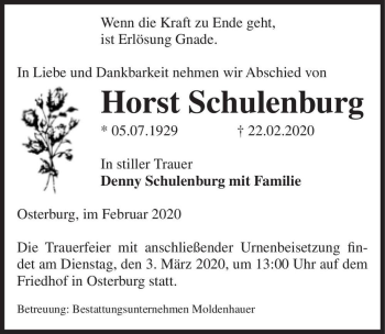 Traueranzeige von Horst Schulenburg  von Magdeburger Volksstimme
