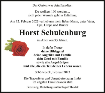 Traueranzeige von Horst Schulenburg  von Magdeburger Volksstimme