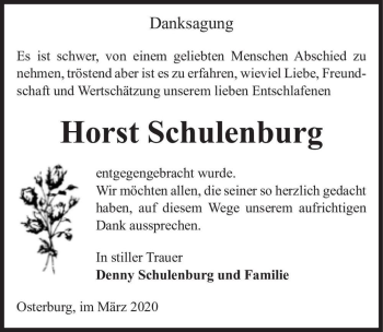 Traueranzeige von Horst Schulenburg  von Magdeburger Volksstimme