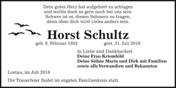 Traueranzeige von Horst Schultz  von Magdeburger Volksstimme