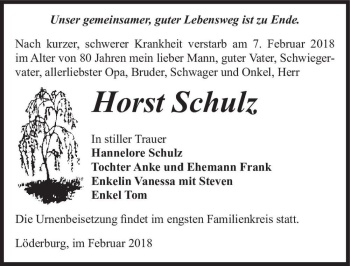 Traueranzeige von Horst Schulz  von Magdeburger Volksstimme