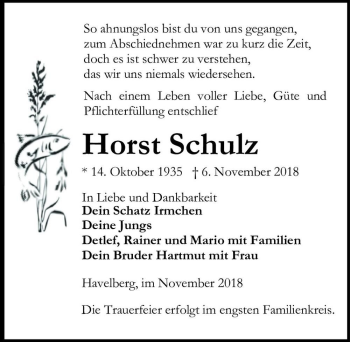 Traueranzeige von Horst Schulz  von Magdeburger Volksstimme