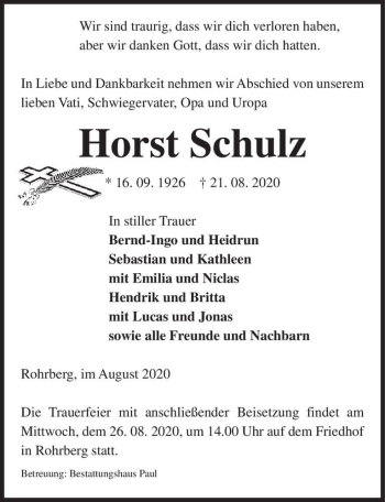 Traueranzeige von Horst Schulz  von Magdeburger Volksstimme