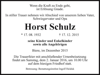 Traueranzeige von Horst Schulz  von Magdeburger Volksstimme