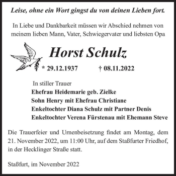 Traueranzeige von Horst Schulz  von Magdeburger Volksstimme