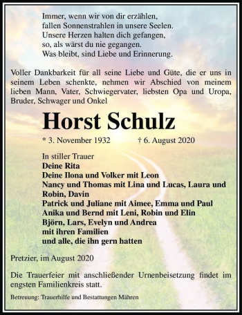 Traueranzeige von Horst Schulz  von Magdeburger Volksstimme