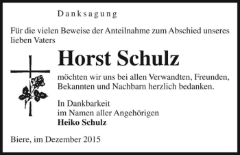 Traueranzeige von Horst Schulz  von Magdeburger Volksstimme