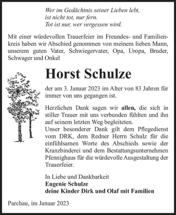 Traueranzeige von Horst Schulze  von Magdeburger Volksstimme